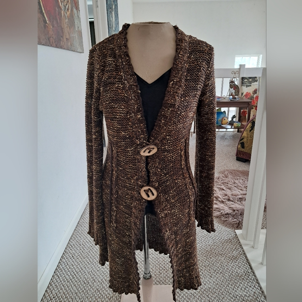 BCBGMAXAZRIA Women's Knit Long Brown Tweed Duster/Cardigan Button Up Size Large